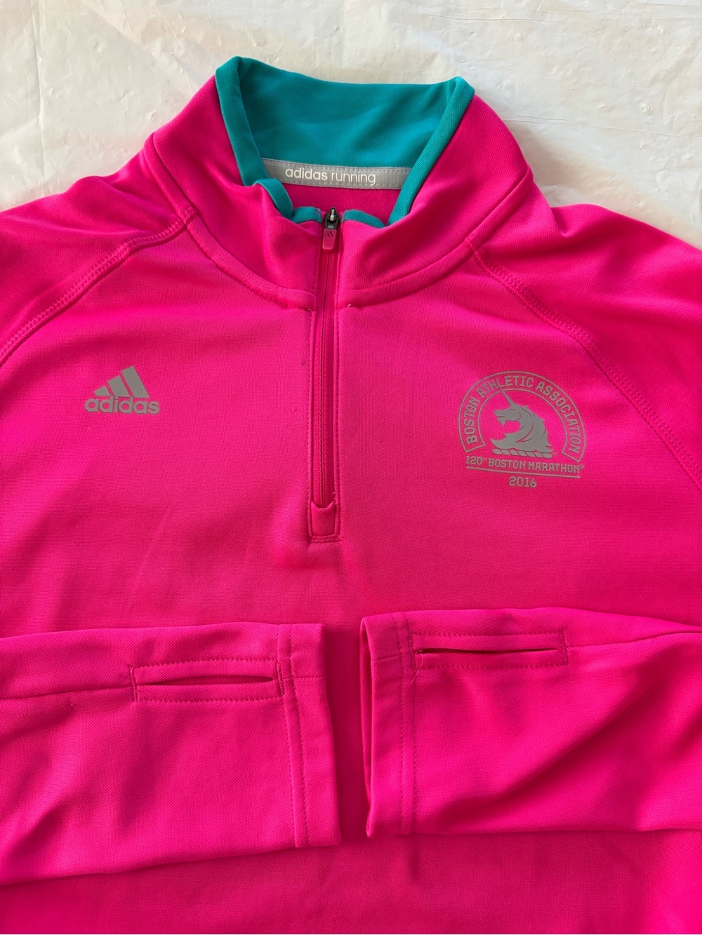 Addias Pink Boston Marathon 2016 Quarter-Zip Training Jacket SZ L Worn 1X - Picture 4 of 14